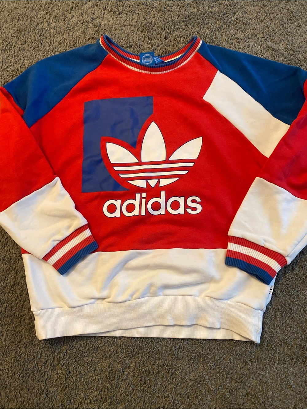 Vintage Adidas Men’s Red, Blue & White Trefoil Colorblock Crewneck